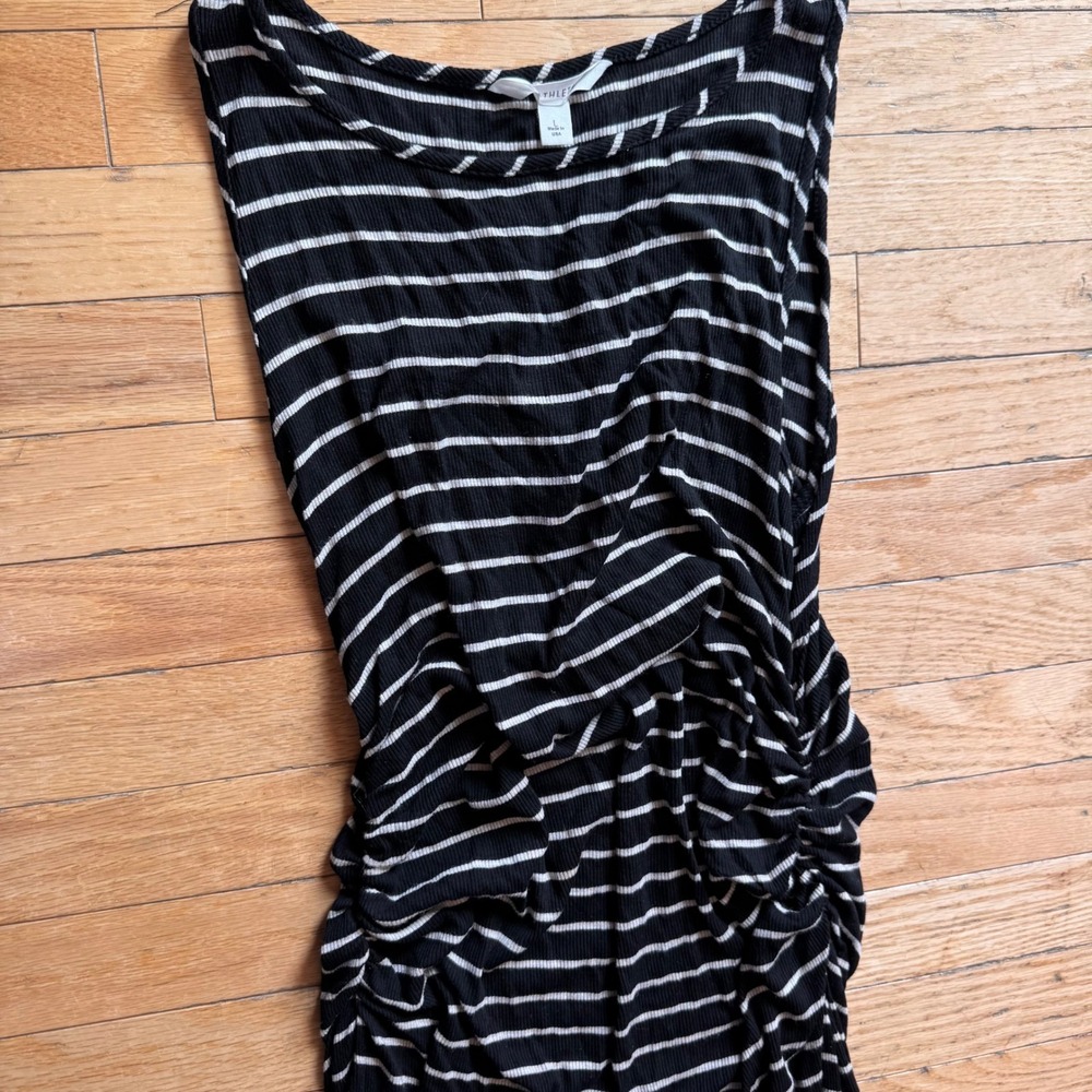 Athleta Black White Striped Ribbed Ruched Sleeveless Midi Dress Stretch Large